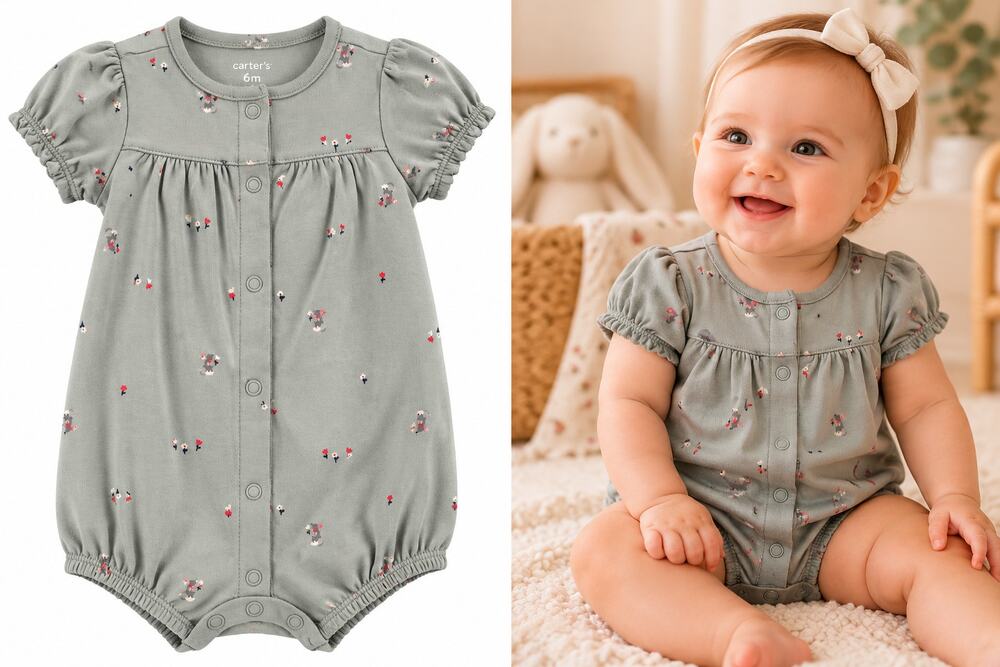 NWT Carter’s Baby Girl 6M Sage Floral Puff Sleeve Snap-Up Romper